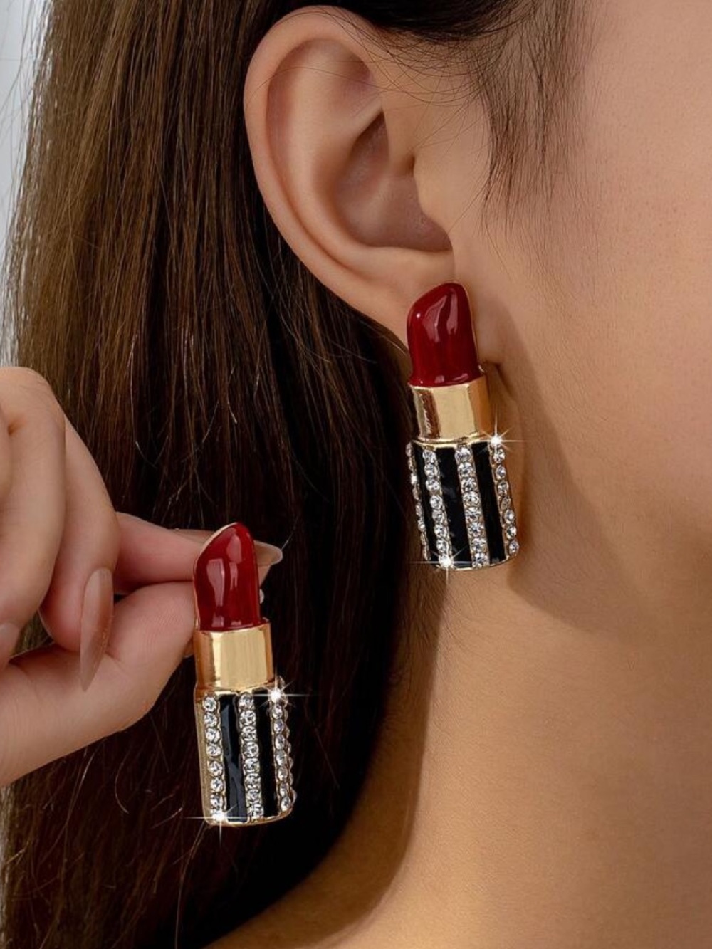 Red & Black Lipstick Drop Stud Earrings